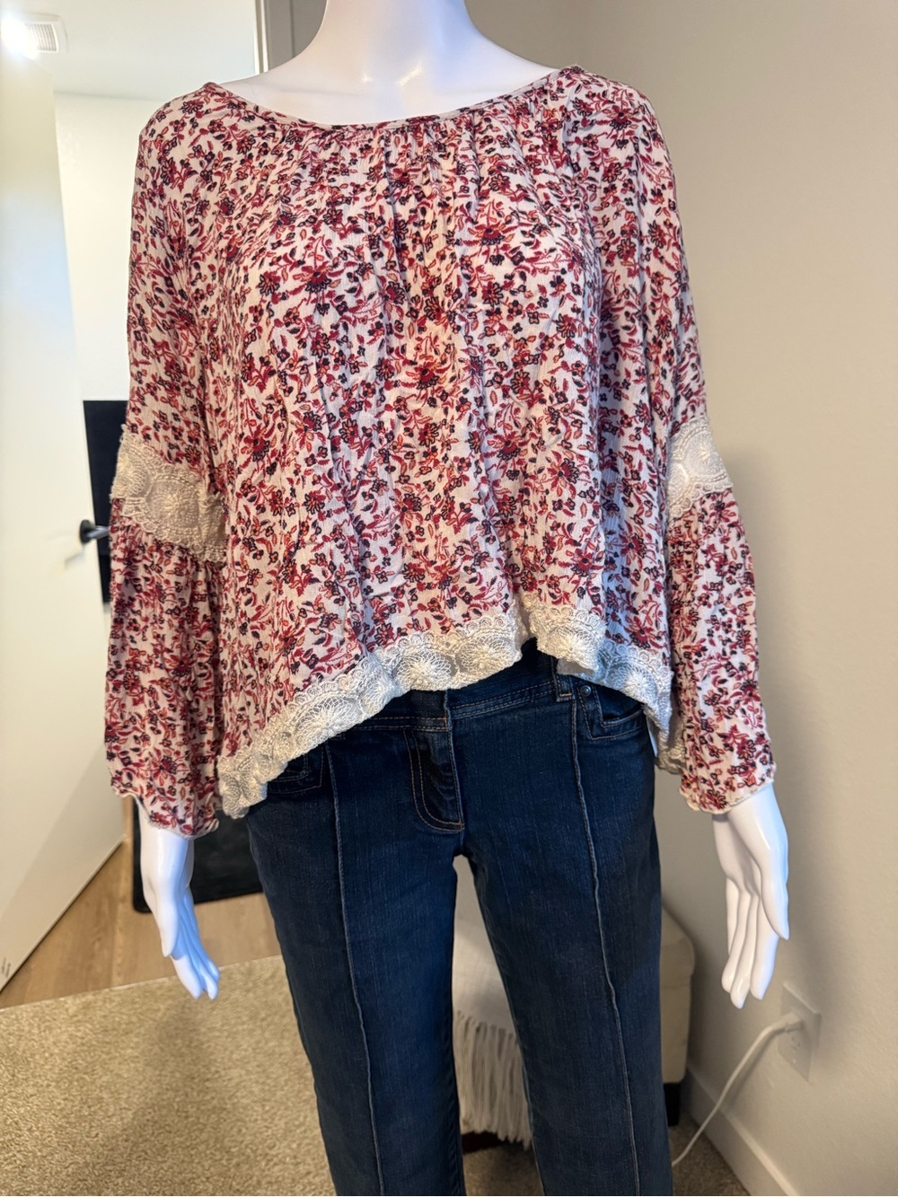 Hollister Cream Tunic with Red Floral Print